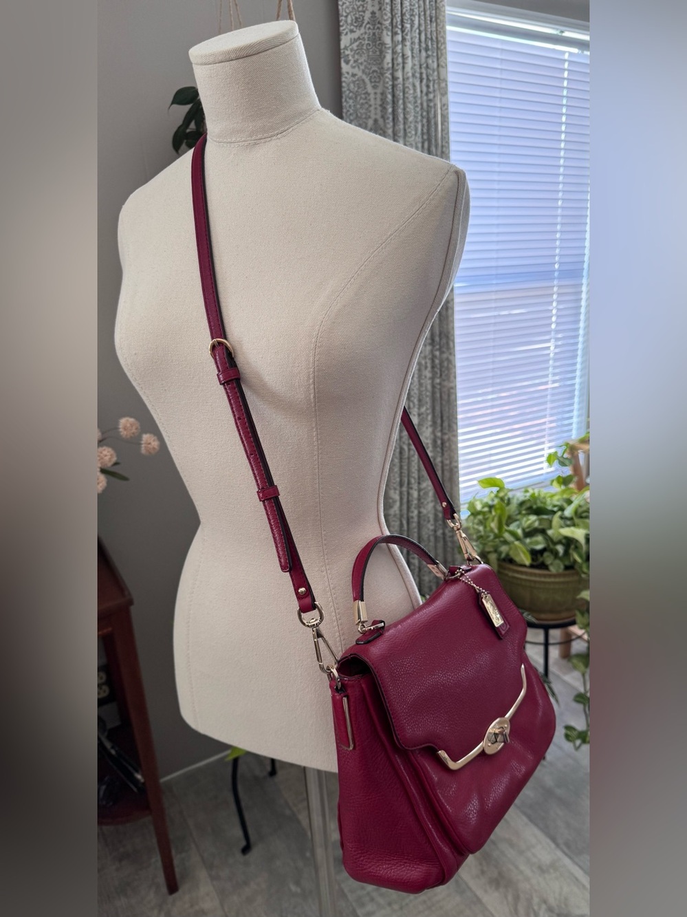Coach Madison Sadie Flap Satchel in red leather with light gold-tone hardware